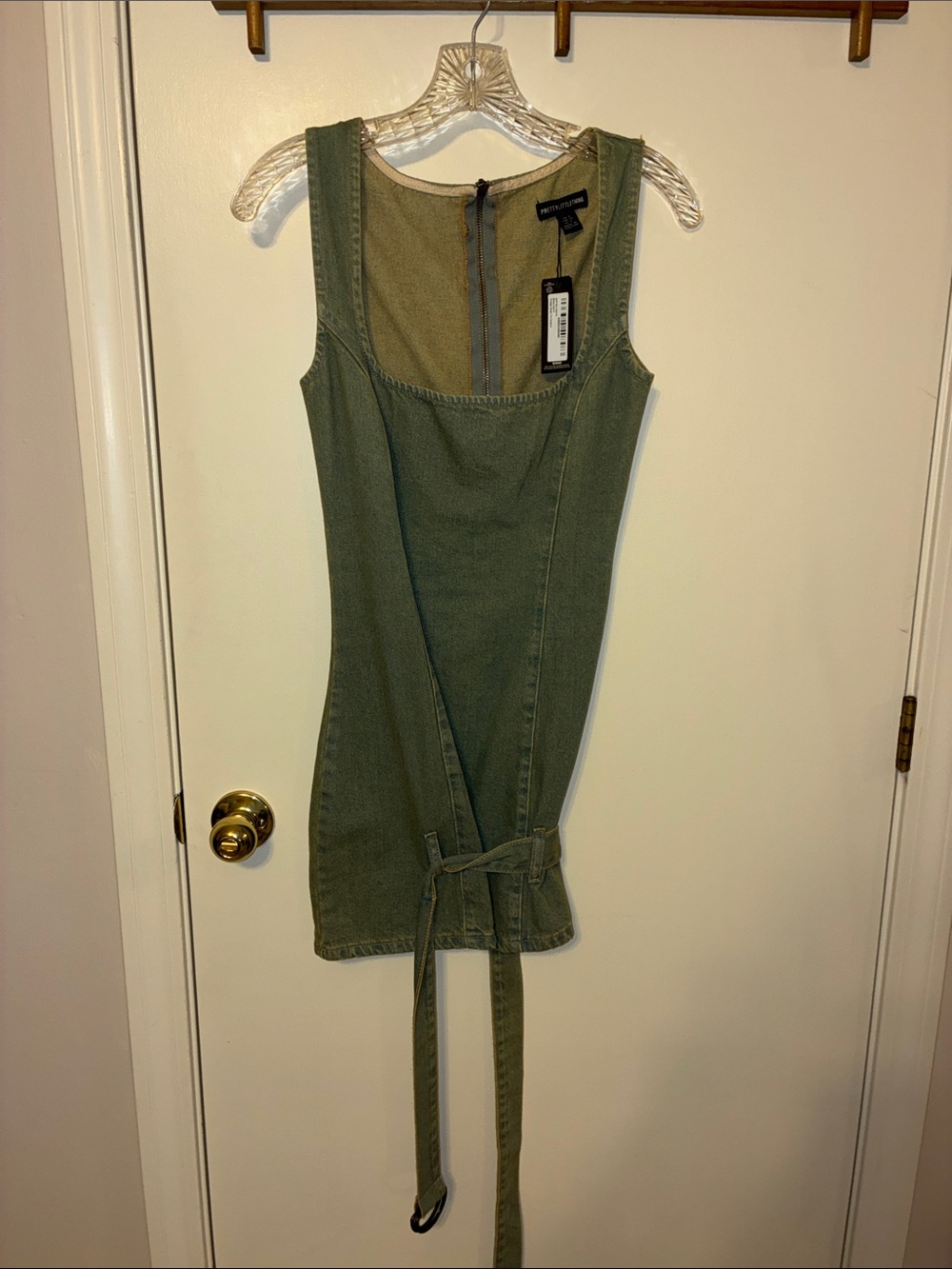 PrettyLittleThing Olive Green Denim Tank Dress with Tie
